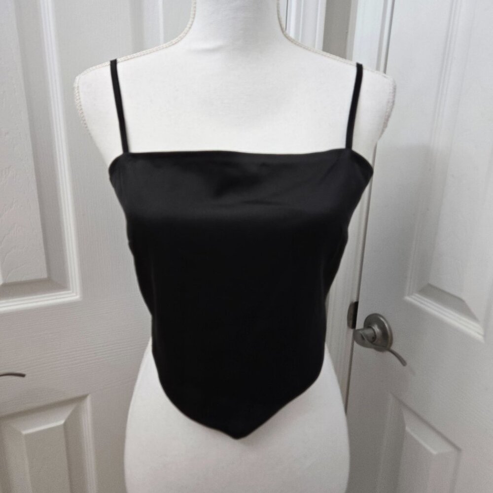 Gianni Bini Tie Back Crop Top Womens Small Black Satin Festival Party Adjustable